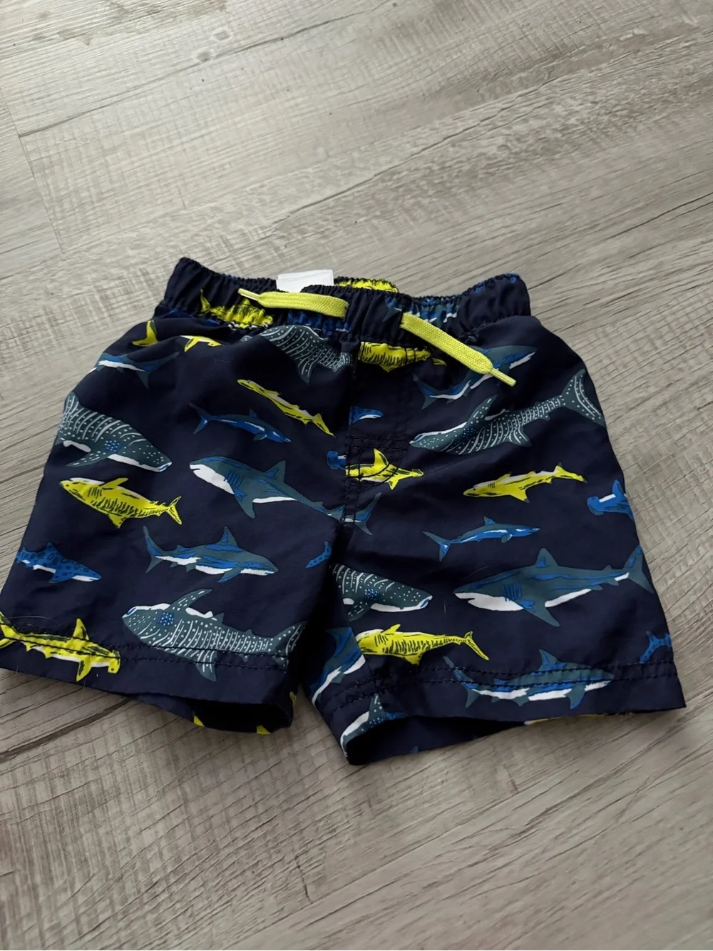 Kids Navy Shark Print Swim Shorts with Yellow Drawstring